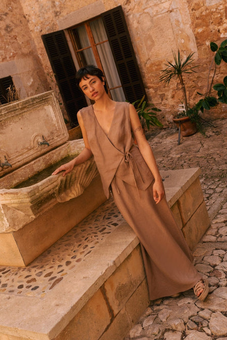 Blanca sleeveless linen wrap top in Rosy Brown