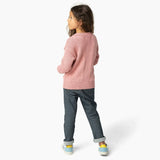 Girl wearing the perfect jean from our Kids Essentials collection (view from back). Soft Denim Pants in Dark Gray, cuffed for a polished yet hip look, made of 100% organic Japanese cotton