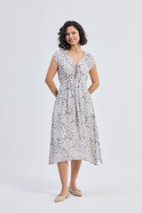 Deep V-neck Gathered Dress in Florals