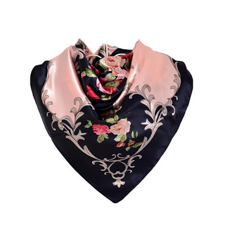 Anyyou Fashion Premium Satin Square Scarf – Navy Blue Pink Silk-Feel Neckwrap for Women