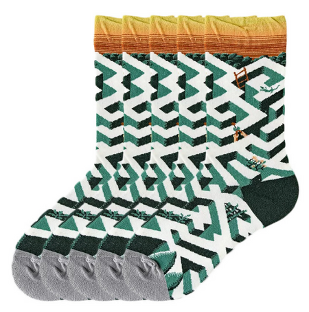 Anyfootwear 5 Pairs Size 5-9 Unisex Long Socks Cartoon Geometric Nature Design Print Warm Winter Socks Comfortable Casual Foot Accessories