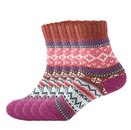 Anyfootwear 5 Pairs Size 5-9 Women Thick Warm Wool Cotton Socks Burgundy National Wind Flower Design Casual Winter Cozy Crew Socks Fashion Foot Accessories