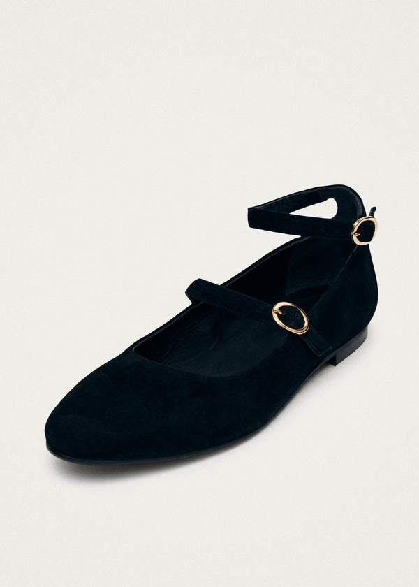 Evelyn Suede Black Leather Ballet Flats