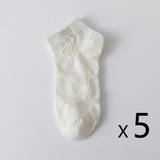 Anyfootwear 5 Pairs One Size 35-40 Women's White Cartoon Socks Cute Ribbon Print Summer Casual Cotton Socks