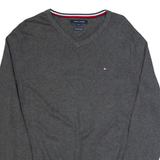 TOMMY HILFIGER Mens Jumper Grey V-Neck Tight Knit M