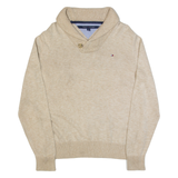 TOMMY HILFIGER Mens Jumper Beige Button Neck Tight Knit S