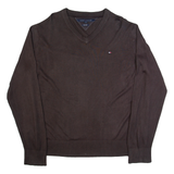 TOMMY HILFIGER Mens Jumper Brown V-Neck Tight Knit XL