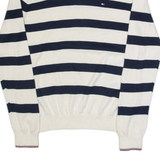 TOMMY HILFIGER Mens Patterned Jumper Beige Striped V-Neck Tight Knit S