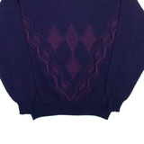 Mens Patterned Jumper Blue Diamond High Neck Open Knit L
