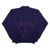 Mens Patterned Jumper Blue Diamond High Neck Open Knit L