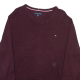 TOMMY HILFIGER Mens Jumper Maroon V-Neck Tight Knit M