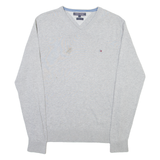 TOMMY HILFIGER Mens Jumper Grey V-Neck Tight Knit S