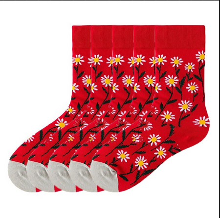 Anyfootwear 5 Pairs Size 5-9 Red Men Women Fashion Socks Cotton Long Crew Socks High Quality Office Business Sports Skateboard Knitted Casual