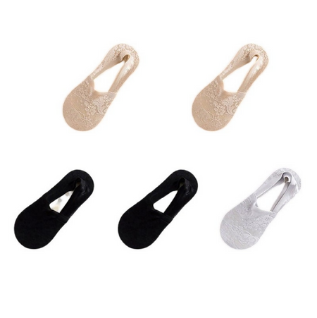 Anyfootwear 5 Pairs Women's Lace Flower Invisible Ankle Socks Size 5-9 Breathable Anti-Slip Non-Skid Low Cut Fashion Socks (2 Khaki, 2 Black, 1 Grey)