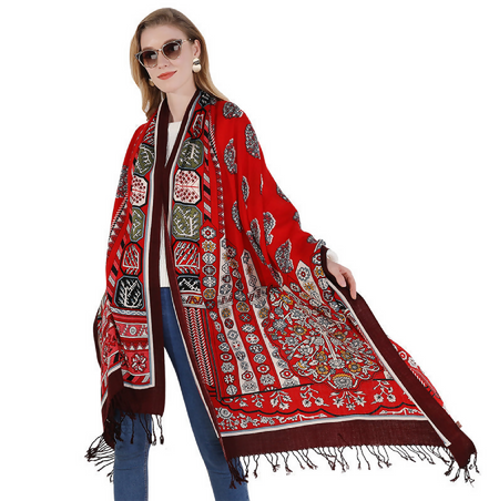 Anyyou 100% Merino Wool Red Black Edge Silk Satin Large Winter Scarf Pashmina Shawl Bandana Perfect For Women Ladies Fashion Style
