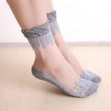 Anyfootwear 5 Pairs Women's Transparent Lace Socks Size 5-9 Breathable Silk Crystal Glass Stretch Embroidery Summer Fashion Socks Grey