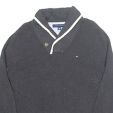 TOMMY HILFIGER Mens Jumper Grey Button Neck Waffle Knit L
