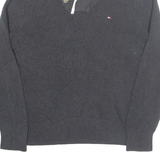 TOMMY HILFIGER Mens Jumper Grey Button Neck Waffle Knit L