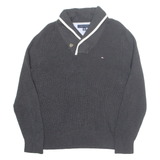 TOMMY HILFIGER Mens Jumper Grey Button Neck Waffle Knit L