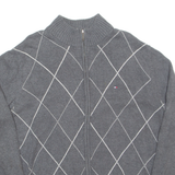 TOMMY HILFIGER Mens Patterned Cardigan Grey Argyle High Neck Tight Knit XL