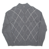 TOMMY HILFIGER Mens Patterned Cardigan Grey Argyle High Neck Tight Knit XL