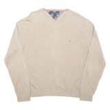 TOMMY HILFIGER Mens Jumper Brown V-Neck Tight Knit XL
