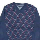 TOMMY HILFIGER Mens Patterned Jumper Blue Argyle V-Neck Tight Knit M