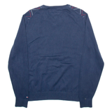 TOMMY HILFIGER Mens Patterned Jumper Blue Argyle V-Neck Tight Knit M
