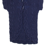 TED BAKER Womens Heavy Knit Cardigan Blue High Neck Chunky Knit Short Sleeve S