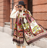 Anyyou 100% Merino Wool Dark Brown Flowers And Patterns Silk Satin Large Winter Scarf Pashmina Shawl Bandana Perfect For Women Ladies Fashion Style
