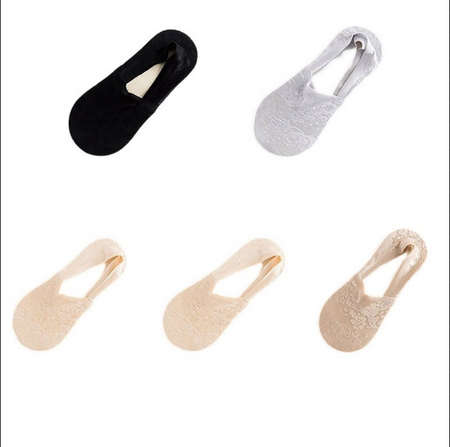 Anyfootwear 5 Pairs Women's Lace Flower Invisible Ankle Socks Size 5-9 Breathable Anti-Slip Non-Skid Low Cut Fashion Socks (1 Black, 1 Grey, 2 Skin, 1 Khaki)