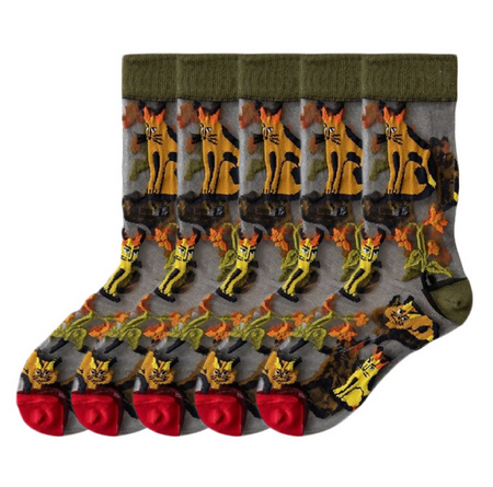 Anyfootwear 5 Pairs Army Green Crystal Silk Socks Size 5-9 Harajuku Fashion Flower Vine Pattern Comfortable Soft Breathable Casual Socks for Women