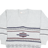 HAODELI Mens Patterned Jumper Grey Striped V-Neck Tight Knit L