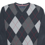 TOMMY HILFIGER Mens Jumper Grey Argyle V-Neck Tight Knit M