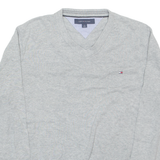 TOMMY HILFIGER Mens Jumper Grey V-Neck Tight Knit L