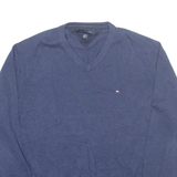 TOMMY HILFIGER Mens Jumper Blue V-Neck Tight Knit XL