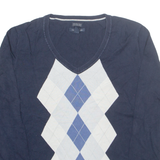TOMMY HILFIGER Mens Jumper Blue Argyle V-Neck Tight Knit XL