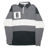 TOMMY HILFIGER Mens Polo Shirt Grey Striped Long Sleeve S