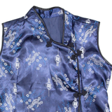 Oriental Inspired Womens Printed Blouse Blue Collared Sleeveless Floral M