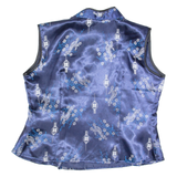 Oriental Inspired Womens Printed Blouse Blue Collared Sleeveless Floral M