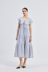 Maxi Tiered Dress with Front-ties in Linen Stripes