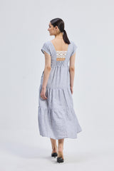 Maxi Tiered Dress with Front-ties in Linen Stripes
