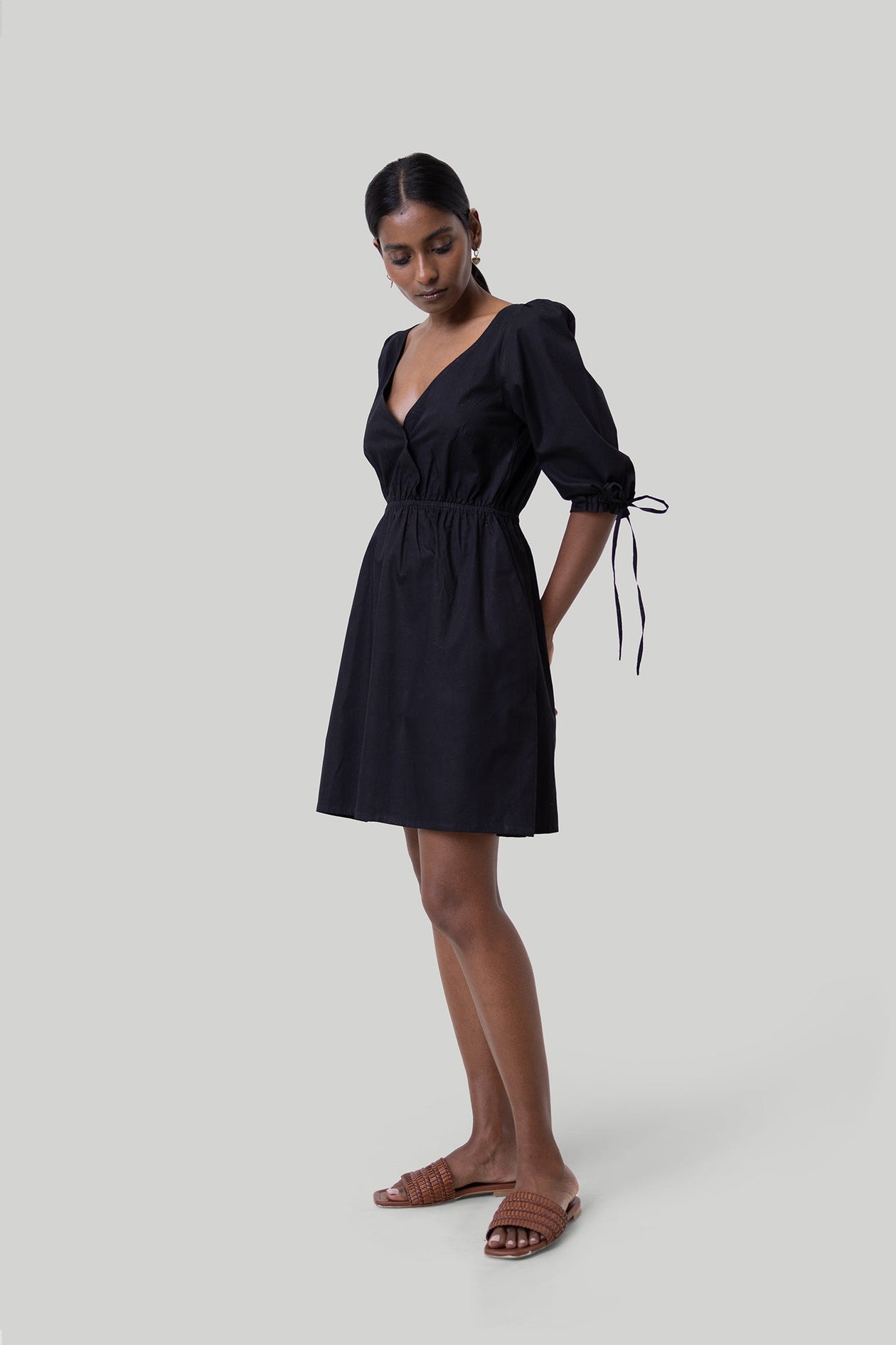 Gathered Elbow Sleeve Short Dress in Black – Cerqular