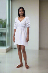 Gathered Elbow Sleeve Short Dress in Stripes