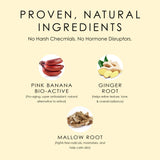 Image: Key Ingredients in oil serum which includes Pink Banana, Mallow Root, & Ginger Root