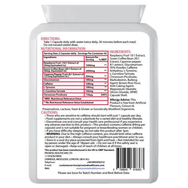 Glucomannan and Raspberry Complex | 1000mg 60 Capsules added with Green Coffee Bean, Cayenne Pepper, L-Tyrosine, Caffeine, L-Carnitine Tartrate, and Chromium Picolinate | Advance Formulation Perfect for Keto Diet