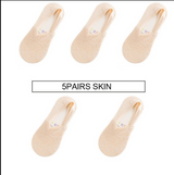 Anyfootwear 5 Pairs Size 5-9 Fashion Socks Lace Flower Style Breathable Antiskid Invisible Ankle Socks for Women Beige