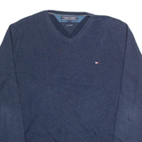 TOMMY HILFIGER Mens Jumper Blue V-Neck Tight Knit S