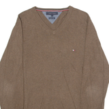 TOMMY HILFIGER Mens Jumper Brown V-Neck Tight Knit L