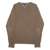 TOMMY HILFIGER Mens Jumper Brown V-Neck Tight Knit L